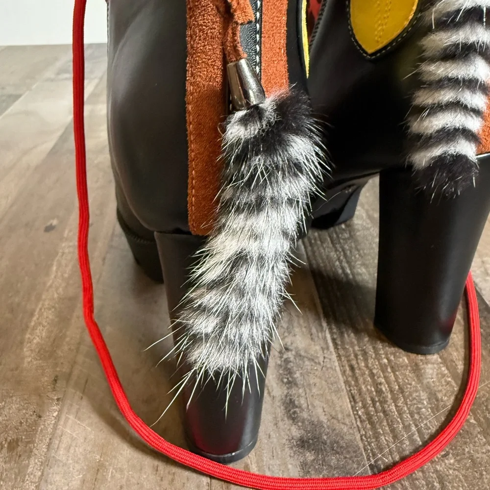 Azalea Wang Trigger Multi Colorblocked Leopard Lace Up Platform Heel Fur Trim 11 - Picture 6 of 9